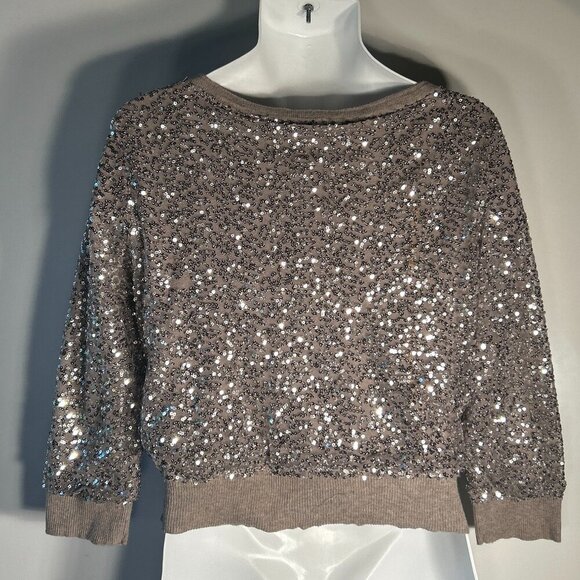 American Eagle SZ L Mocha Sequin Cotton Cardigan Dressy Formal Party Sparkle - Picture 6 of 11